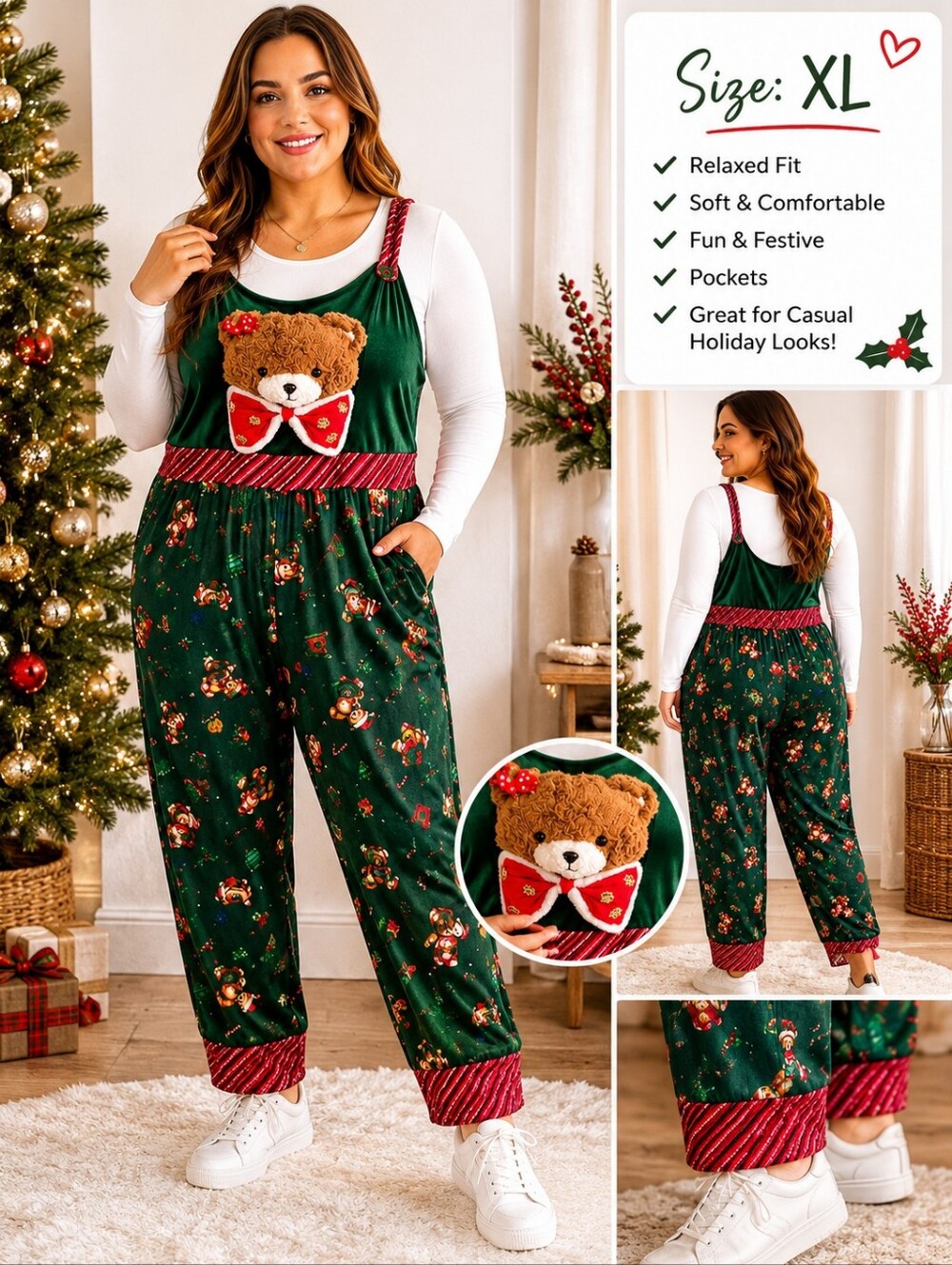 No Boundaries Teddy Bear Christmas Jumpsuit XXL (20) Holiday Lounge Romper